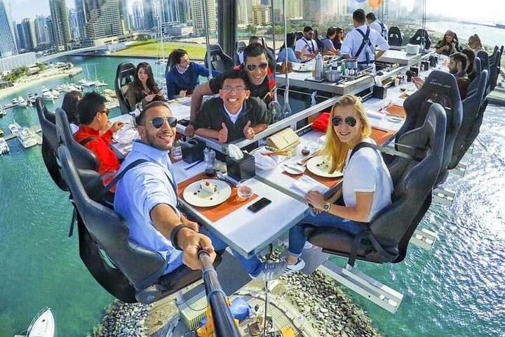 Experience a unique dinner in the sky savoring exquisite cuisine 50 meters above Dubai surrounded by stunning views of the city’s skyline and marina. A meal to remember!